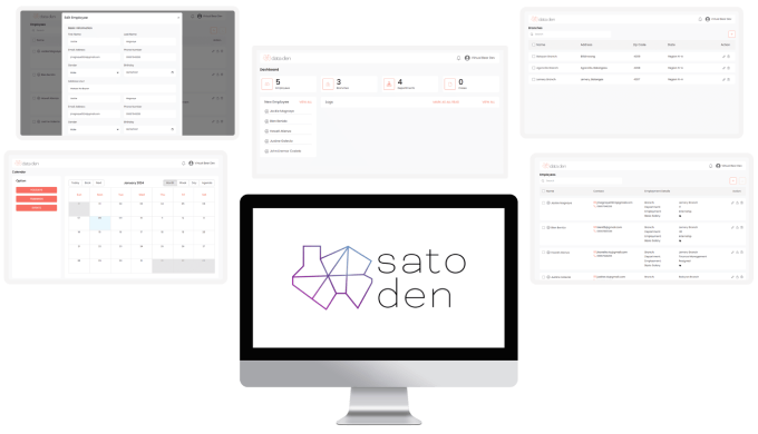 Computer screens with SATO Den logo and payroll system features